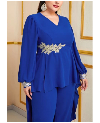 Plus Size Chiffon Commuter Style 2-Piece Set Round Neck Long Sleeve Royal Blue Top and Loose Chiffon Straight Leg Pants $62.0...