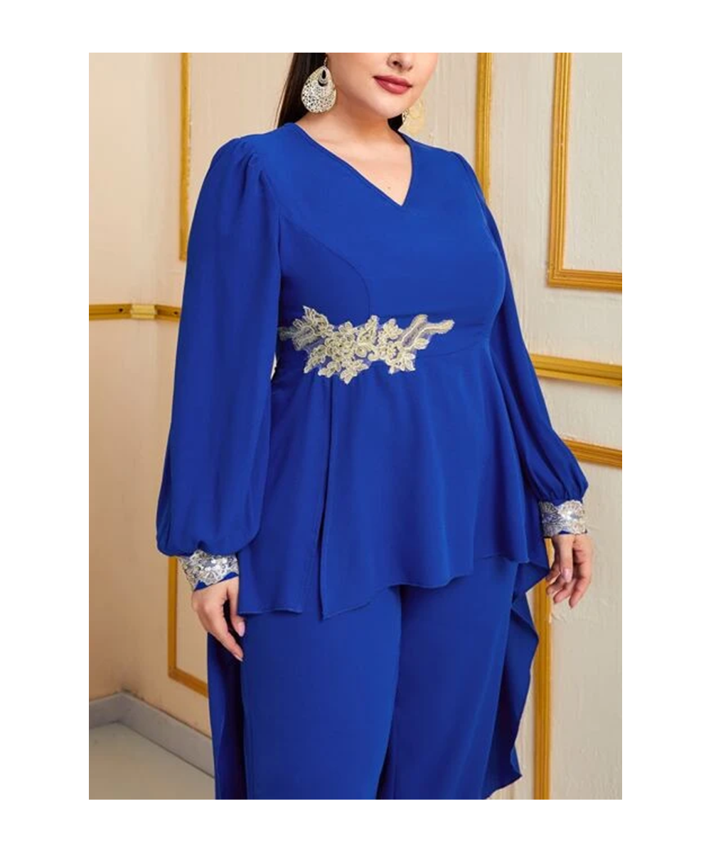 Plus Size Chiffon Commuter Style 2-Piece Set Round Neck Long Sleeve Royal Blue Top and Loose Chiffon Straight Leg Pants $62.0...