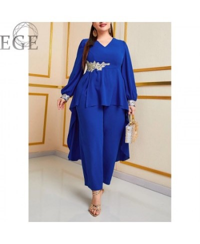 Plus Size Chiffon Commuter Style 2-Piece Set Round Neck Long Sleeve Royal Blue Top and Loose Chiffon Straight Leg Pants $62.0...