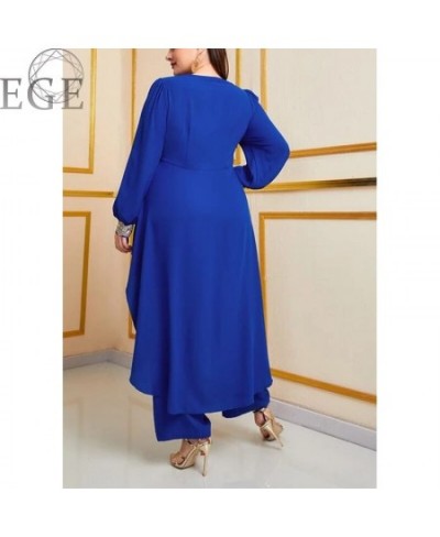 Plus Size Chiffon Commuter Style 2-Piece Set Round Neck Long Sleeve Royal Blue Top and Loose Chiffon Straight Leg Pants $62.0...