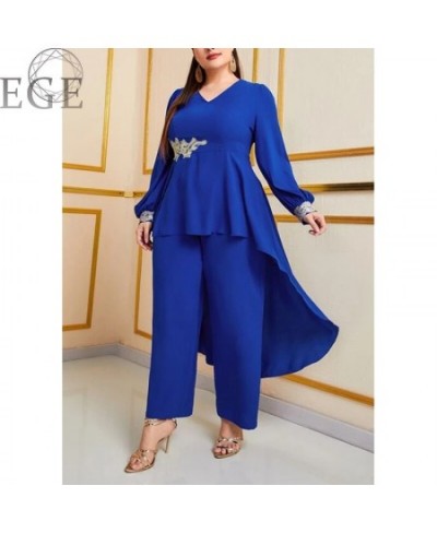 Plus Size Chiffon Commuter Style 2-Piece Set Round Neck Long Sleeve Royal Blue Top and Loose Chiffon Straight Leg Pants $62.0...