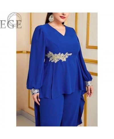 Plus Size Chiffon Commuter Style 2-Piece Set Round Neck Long Sleeve Royal Blue Top and Loose Chiffon Straight Leg Pants $62.0...