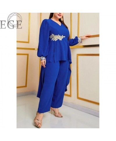 Plus Size Chiffon Commuter Style 2-Piece Set Round Neck Long Sleeve Royal Blue Top and Loose Chiffon Straight Leg Pants $62.0...