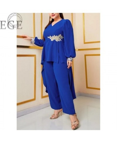 Plus Size Chiffon Commuter Style 2-Piece Set Round Neck Long Sleeve Royal Blue Top and Loose Chiffon Straight Leg Pants $62.0...