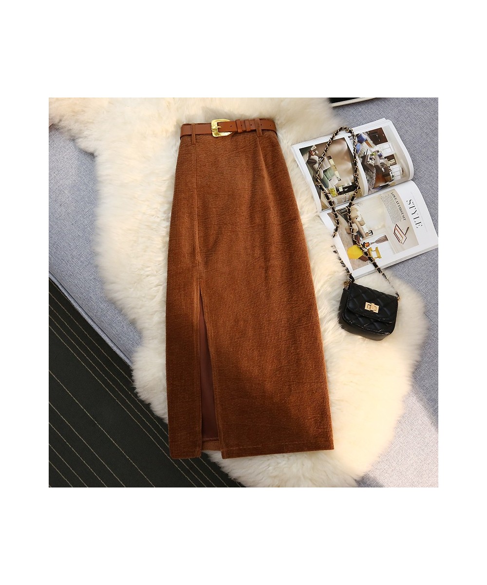 Temperament Retro Corduroy Slit Skirt Female Autumn and Winter Mid-length High Waist Elegant A-line Fashion Sexy Hip Skirt $6...