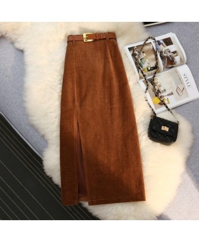 Temperament Retro Corduroy Slit Skirt Female Autumn and Winter Mid-length High Waist Elegant A-line Fashion Sexy Hip Skirt $6...