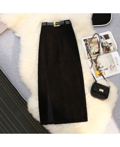 Temperament Retro Corduroy Slit Skirt Female Autumn and Winter Mid-length High Waist Elegant A-line Fashion Sexy Hip Skirt $6...