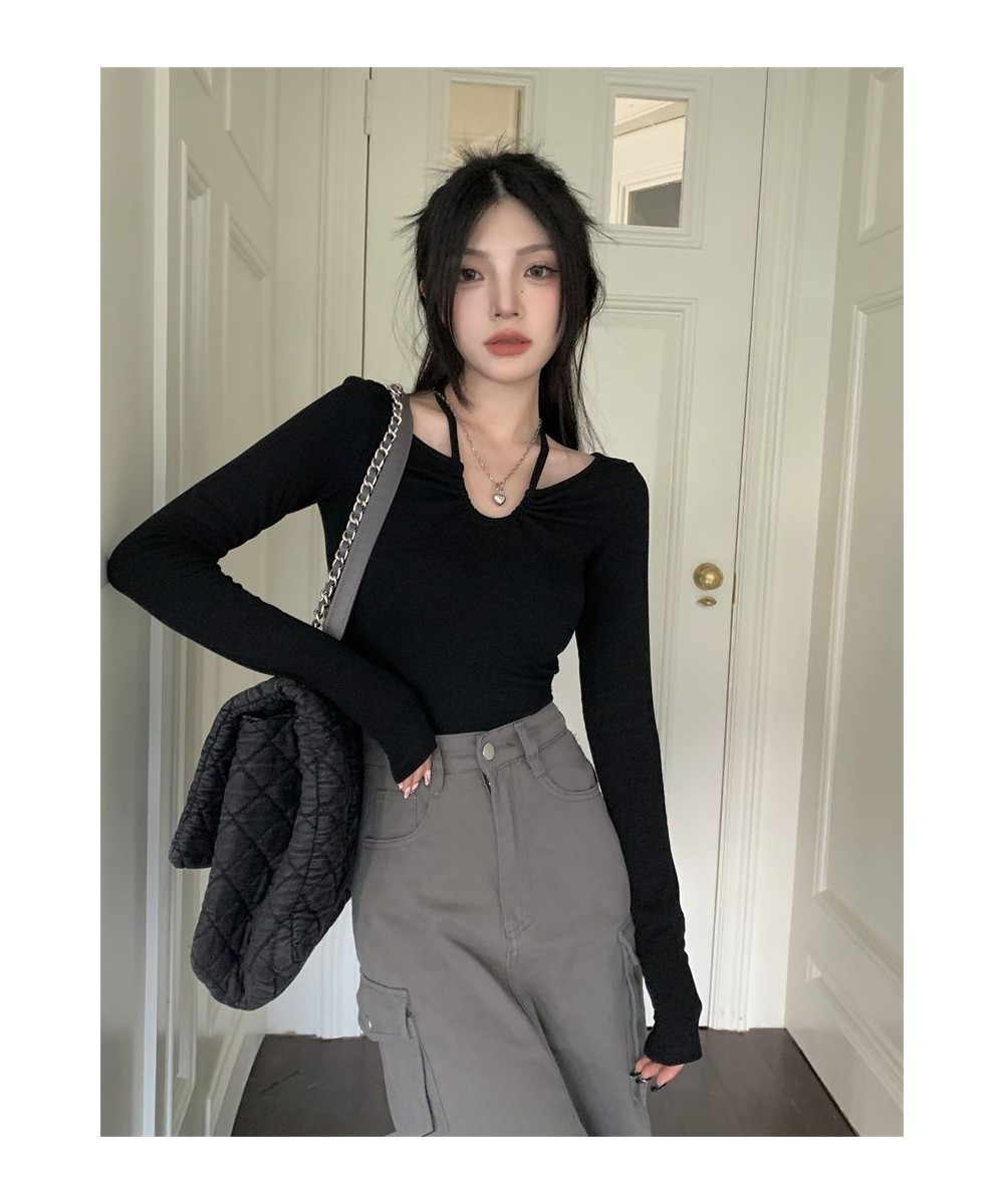 Black Halter Neck V-neck Long Sleeve T-shirt Women's Autumn 2022 New Pure Lust Sexy Slim Short Undershirt Top $25.75 - Tops &...