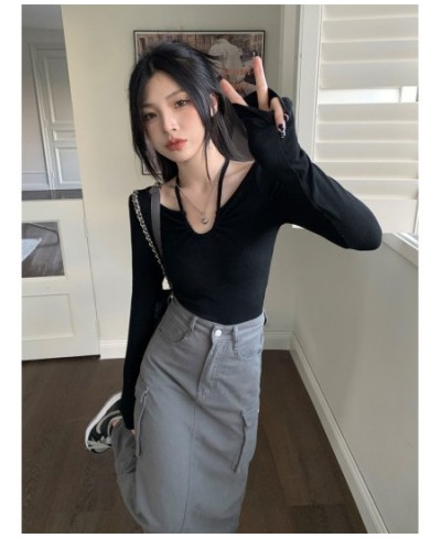 Black Halter Neck V-neck Long Sleeve T-shirt Women's Autumn 2022 New Pure Lust Sexy Slim Short Undershirt Top $25.75 - Tops &...