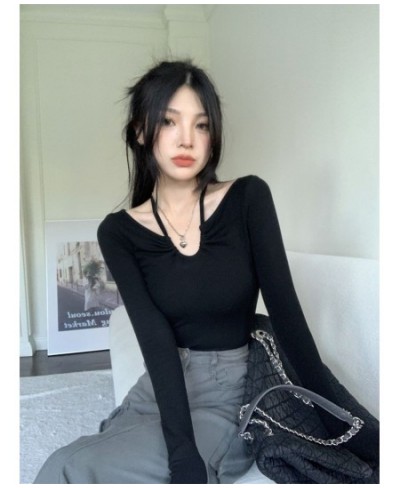 Black Halter Neck V-neck Long Sleeve T-shirt Women's Autumn 2022 New Pure Lust Sexy Slim Short Undershirt Top $25.75 - Tops &...