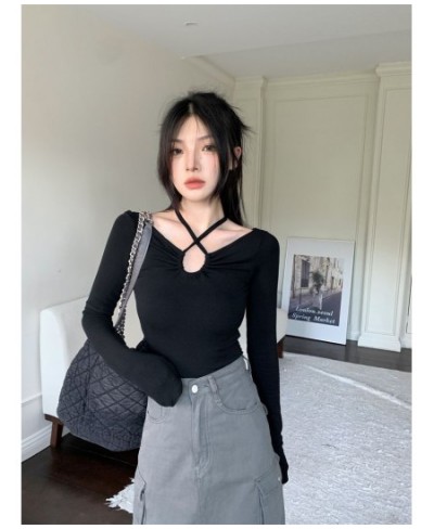 Black Halter Neck V-neck Long Sleeve T-shirt Women's Autumn 2022 New Pure Lust Sexy Slim Short Undershirt Top $25.75 - Tops &...