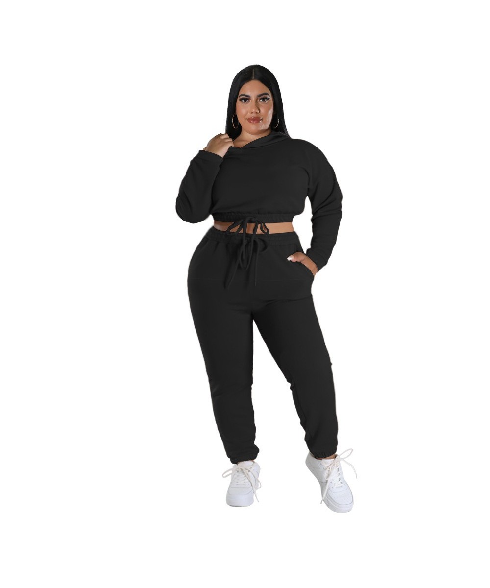 Autumn and Winter Women's Plus Size Sports Casual Women's Two Piece Solid Bodysuit Sexy Waist Crop Top Loose Pants Set Clothi...