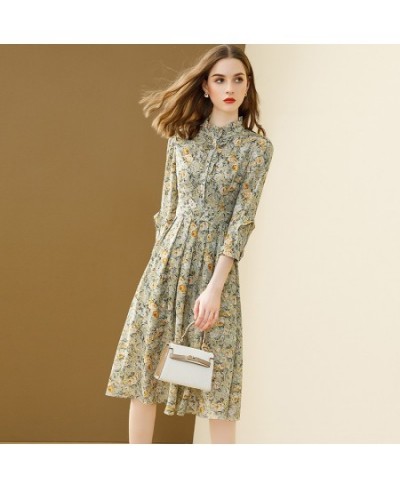 Boho Floral Chiffon Dress Women 2022 Spring And Summer New Stand Collar A-line Fold Bohemian Dresses Single Breasted Robe $61...