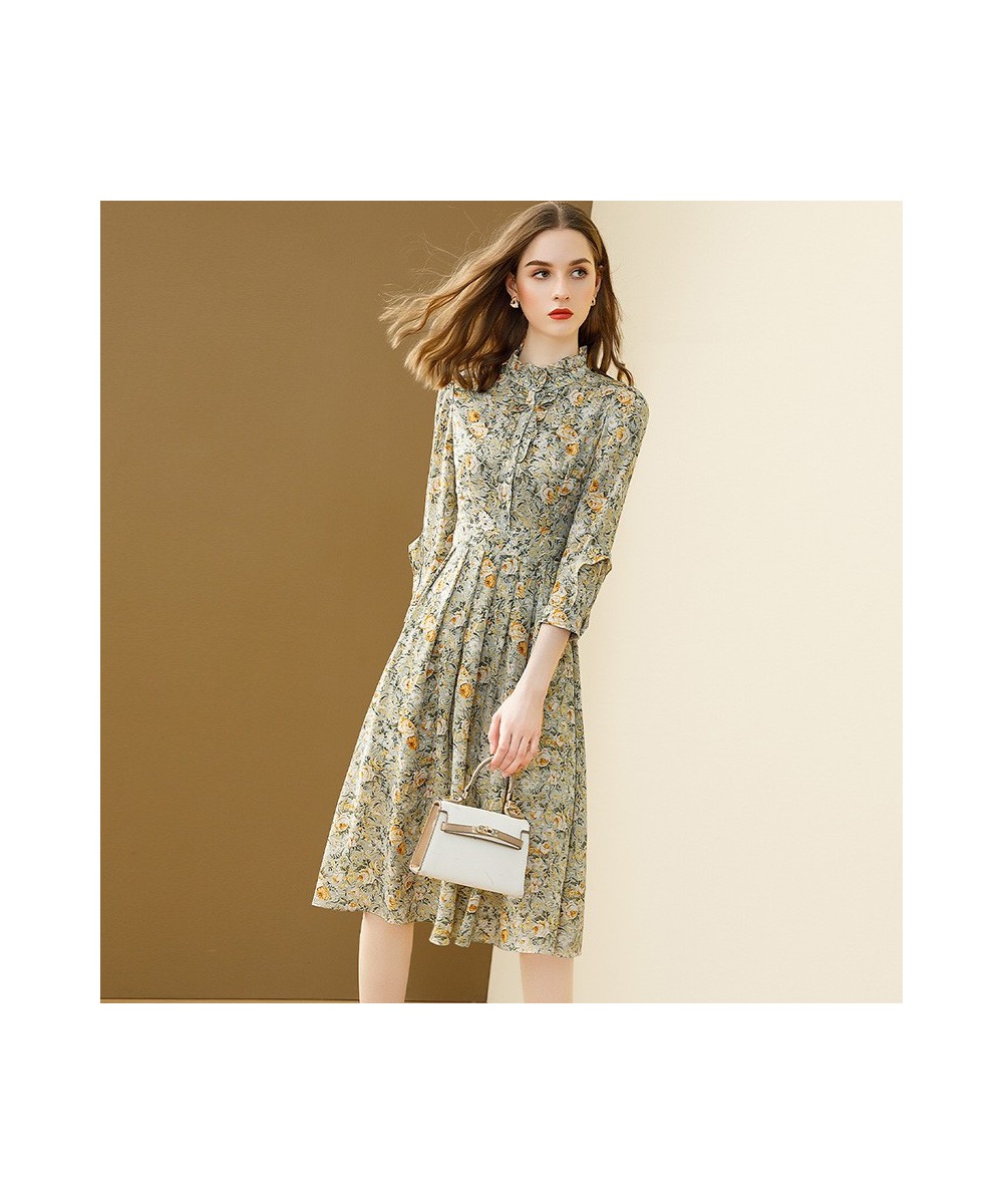 Boho Floral Chiffon Dress Women 2022 Spring And Summer New Stand Collar A-line Fold Bohemian Dresses Single Breasted Robe $61...