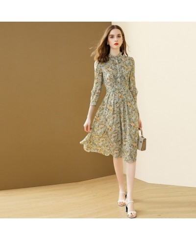 Boho Floral Chiffon Dress Women 2022 Spring And Summer New Stand Collar A-line Fold Bohemian Dresses Single Breasted Robe $61...