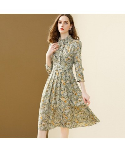 Boho Floral Chiffon Dress Women 2022 Spring And Summer New Stand Collar A-line Fold Bohemian Dresses Single Breasted Robe $61...