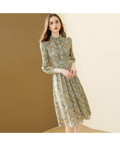 Boho Floral Chiffon Dress Women 2022 Spring And Summer New Stand Collar A-line Fold Bohemian Dresses Single Breasted Robe $61...