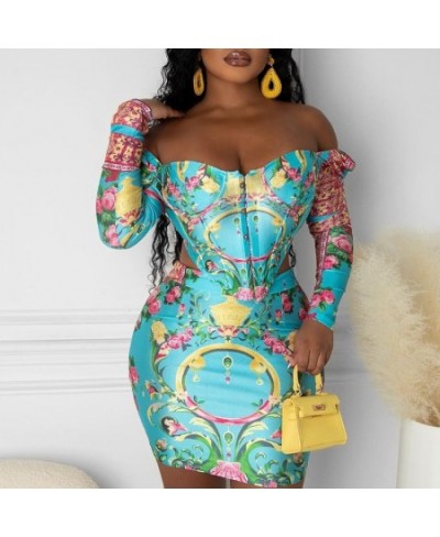 Women Casual Cold Shoulder Long Sleeves Asymmetrical Mini Sexy Bodycon All Over Print Skirt Sets $43.20 - Suits & Sets