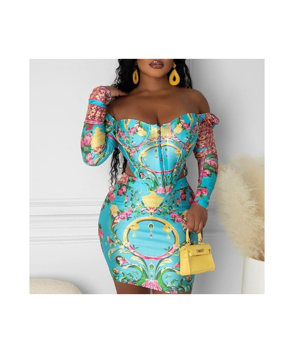 Women Casual Cold Shoulder Long Sleeves Asymmetrical Mini Sexy Bodycon All Over Print Skirt Sets $43.20 - Suits & Sets