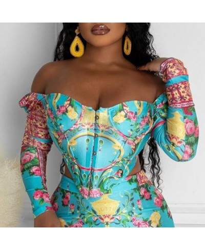 Women Casual Cold Shoulder Long Sleeves Asymmetrical Mini Sexy Bodycon All Over Print Skirt Sets $43.20 - Suits & Sets