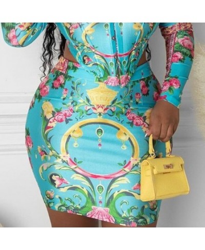 Women Casual Cold Shoulder Long Sleeves Asymmetrical Mini Sexy Bodycon All Over Print Skirt Sets $43.20 - Suits & Sets