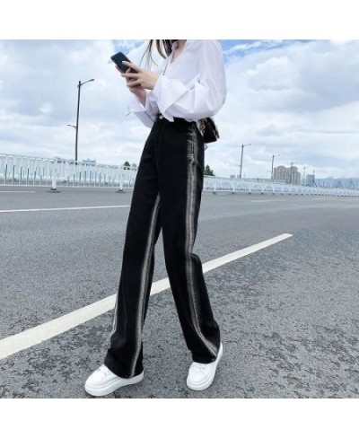 Fall High Waist Black Jeans Stripe Color Patchwork Straight Loose Denim Pants Women Full Length Trousers Streetwear Jean $41....