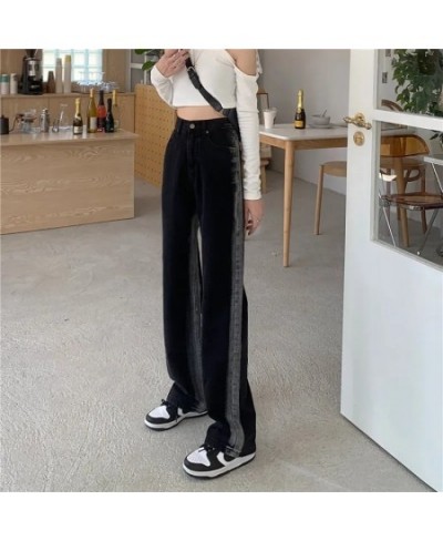 Fall High Waist Black Jeans Stripe Color Patchwork Straight Loose Denim Pants Women Full Length Trousers Streetwear Jean $41....