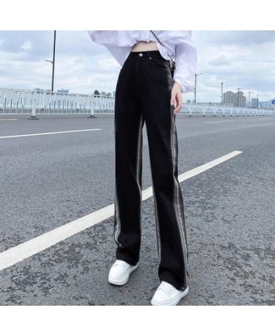 Fall High Waist Black Jeans Stripe Color Patchwork Straight Loose Denim Pants Women Full Length Trousers Streetwear Jean $41....