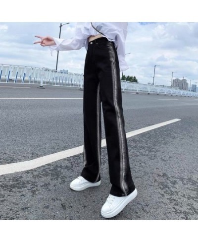 Fall High Waist Black Jeans Stripe Color Patchwork Straight Loose Denim Pants Women Full Length Trousers Streetwear Jean $41....