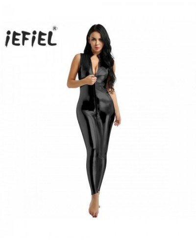 Womens Clothing Femme One Piece Wetlook Dancing Party Catsuit Faux Leather Double Zipper Sleeveless Leotard Bodysuit Clubwear...