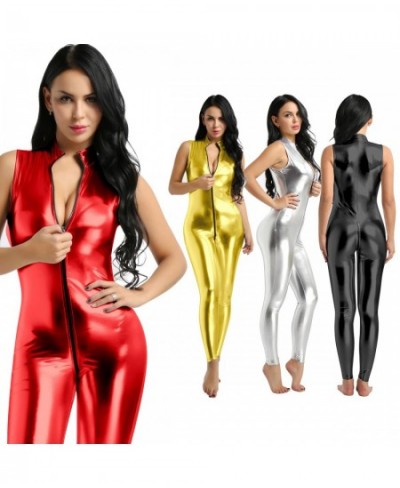 Womens Clothing Femme One Piece Wetlook Dancing Party Catsuit Faux Leather Double Zipper Sleeveless Leotard Bodysuit Clubwear...