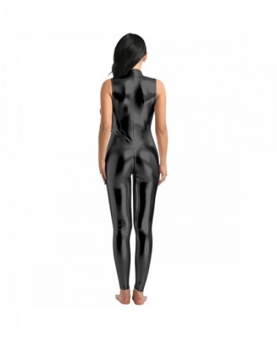 Womens Clothing Femme One Piece Wetlook Dancing Party Catsuit Faux Leather Double Zipper Sleeveless Leotard Bodysuit Clubwear...