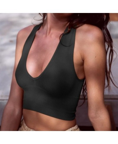 Seamless Sports bra Deep V Neck Camisole Vintage Crop Top Summer Camis Women Basic T-shirts Underwear Sexy Lingerie Ribbed Ta...