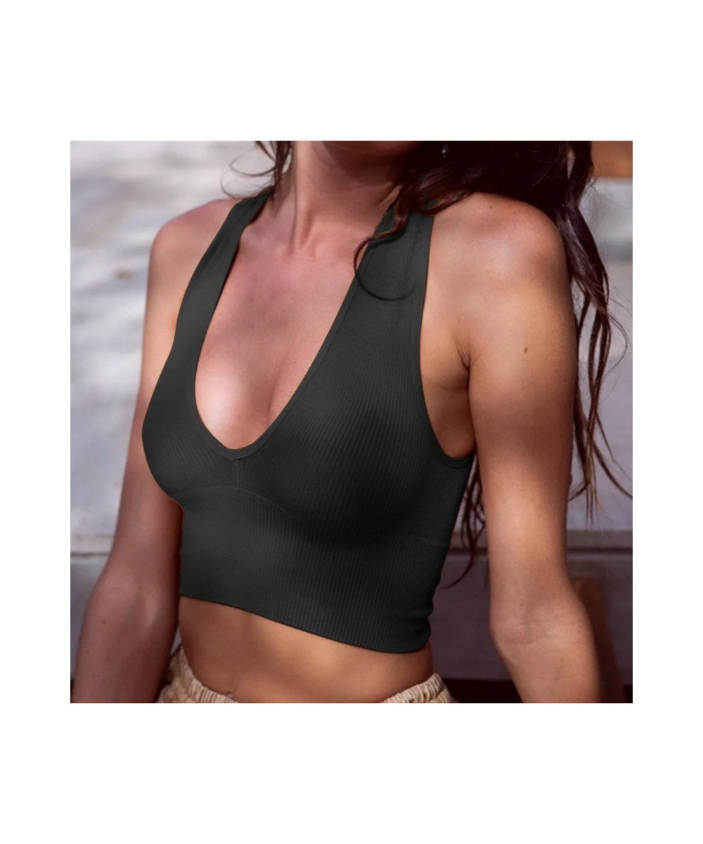 Seamless Sports bra Deep V Neck Camisole Vintage Crop Top Summer Camis Women Basic T-shirts Underwear Sexy Lingerie Ribbed Ta...