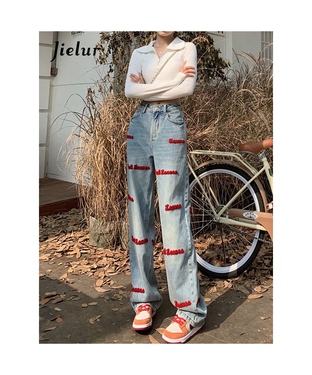 Letter Embroidery Jeans Female Autumn Korean Jeans New Style Retro High Waist Wide Leg Blue Denim Pants Women S-XL $51.55 - B...