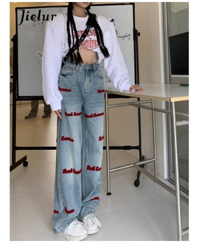 Letter Embroidery Jeans Female Autumn Korean Jeans New Style Retro High Waist Wide Leg Blue Denim Pants Women S-XL $51.55 - B...