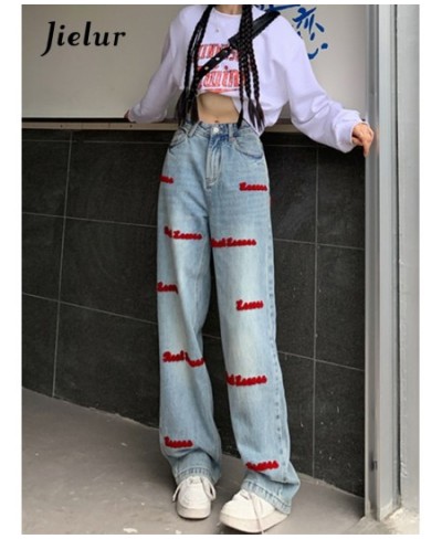 Letter Embroidery Jeans Female Autumn Korean Jeans New Style Retro High Waist Wide Leg Blue Denim Pants Women S-XL $51.55 - B...