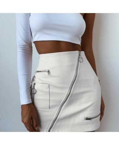 Women Stylish PU Leather White Zipper Patchwork Skirt High Waist Skirt Korean Solid Color Short Sexy Bodycon Skirts Mini Bott...