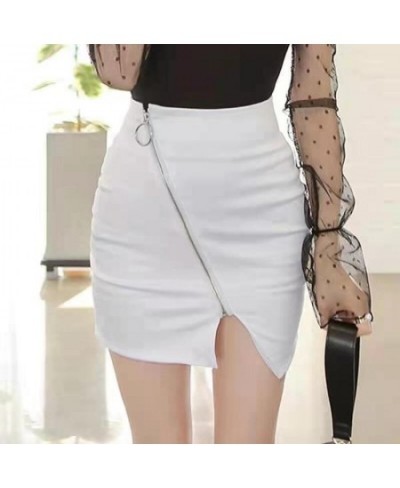 Women Stylish PU Leather White Zipper Patchwork Skirt High Waist Skirt Korean Solid Color Short Sexy Bodycon Skirts Mini Bott...