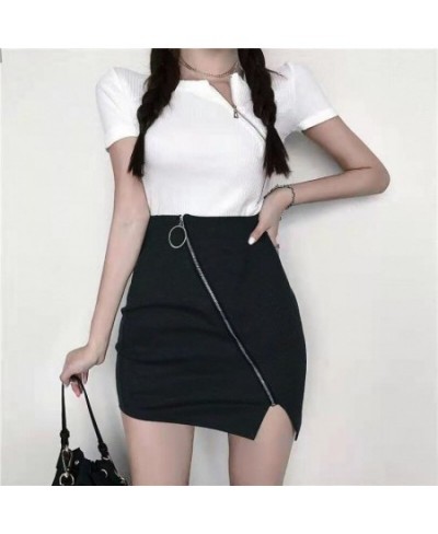 Women Stylish PU Leather White Zipper Patchwork Skirt High Waist Skirt Korean Solid Color Short Sexy Bodycon Skirts Mini Bott...