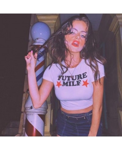 90s FUTURE MILF Stars Print T-shirts Fashion Casual O Neck Short Sleeve Crop Tops Y2K Summer Sexy E-girl Baby Tee Women $21.8...