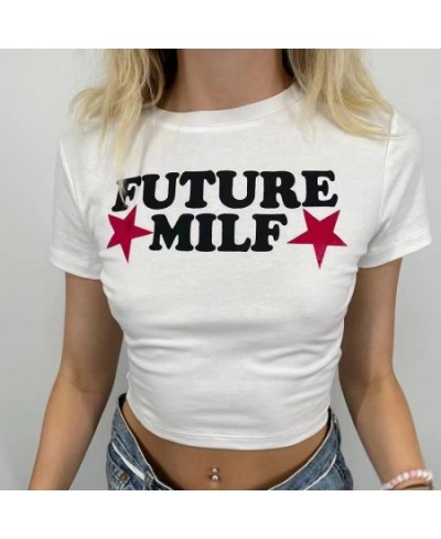 90s FUTURE MILF Stars Print T-shirts Fashion Casual O Neck Short Sleeve Crop Tops Y2K Summer Sexy E-girl Baby Tee Women $21.8...