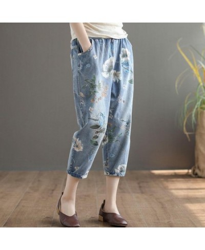 Ethnic Style Woman Summer Fashion Printed Flower Jeans Harem Pants 2023 Loose Denim Elastic Waist Vintage Ankle-length Pants ...