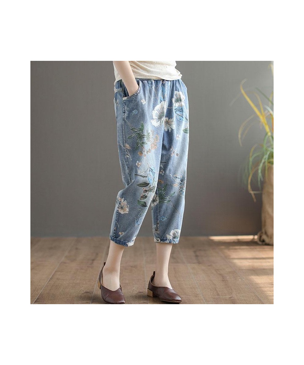 Ethnic Style Woman Summer Fashion Printed Flower Jeans Harem Pants 2023 Loose Denim Elastic Waist Vintage Ankle-length Pants ...