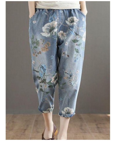 Ethnic Style Woman Summer Fashion Printed Flower Jeans Harem Pants 2023 Loose Denim Elastic Waist Vintage Ankle-length Pants ...