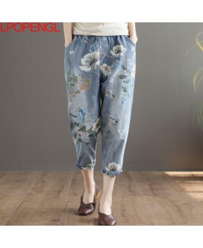 Ethnic Style Woman Summer Fashion Printed Flower Jeans Harem Pants 2023 Loose Denim Elastic Waist Vintage Ankle-length Pants ...