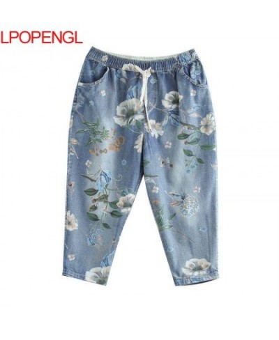 Ethnic Style Woman Summer Fashion Printed Flower Jeans Harem Pants 2023 Loose Denim Elastic Waist Vintage Ankle-length Pants ...