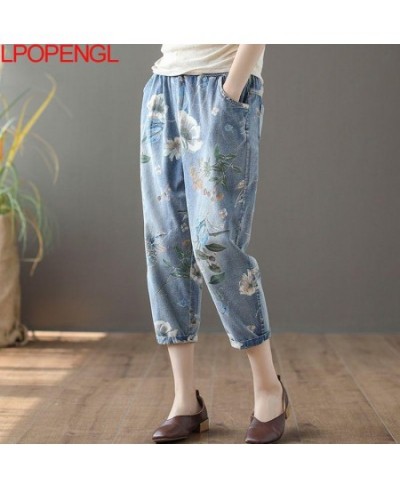 Ethnic Style Woman Summer Fashion Printed Flower Jeans Harem Pants 2023 Loose Denim Elastic Waist Vintage Ankle-length Pants ...