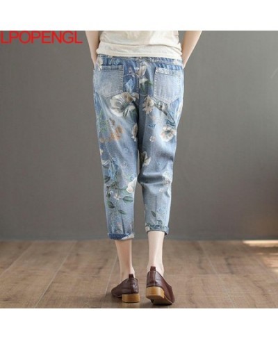 Ethnic Style Woman Summer Fashion Printed Flower Jeans Harem Pants 2023 Loose Denim Elastic Waist Vintage Ankle-length Pants ...