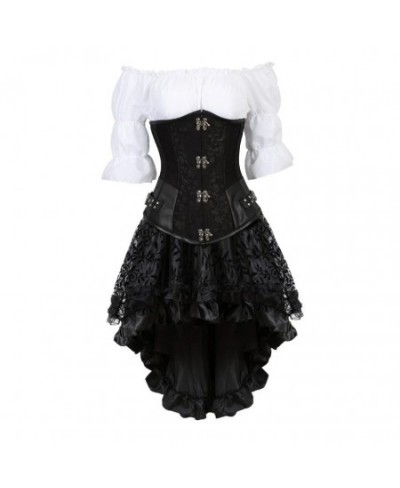 Gothic Corset Dress Steampunk PU Leather Corset Crop Top Three-Pieces Set Pirate Costume Renaissance Blouse and Burlesque Ski...